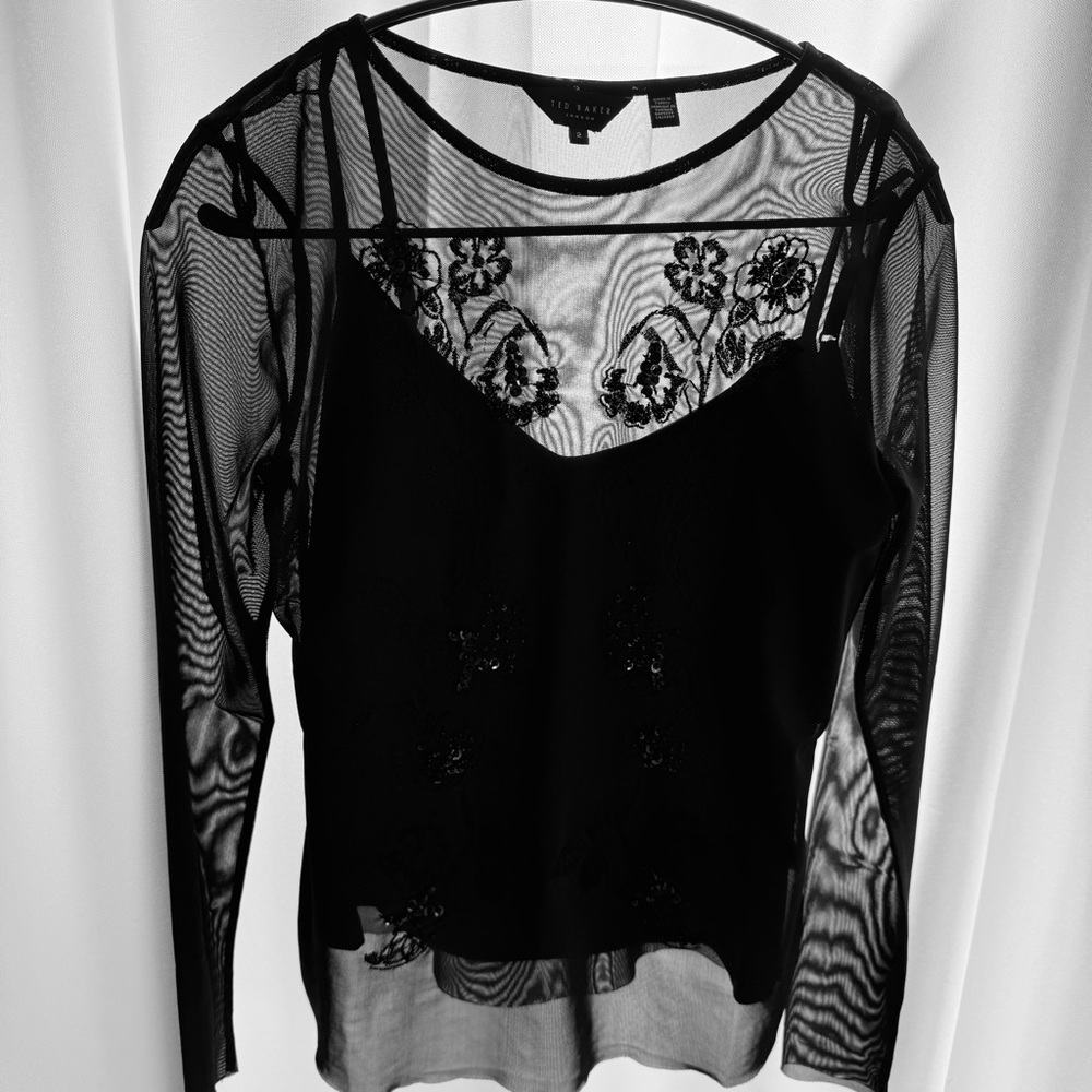 Ted Baker London Black Sheer Beaded Floral Top